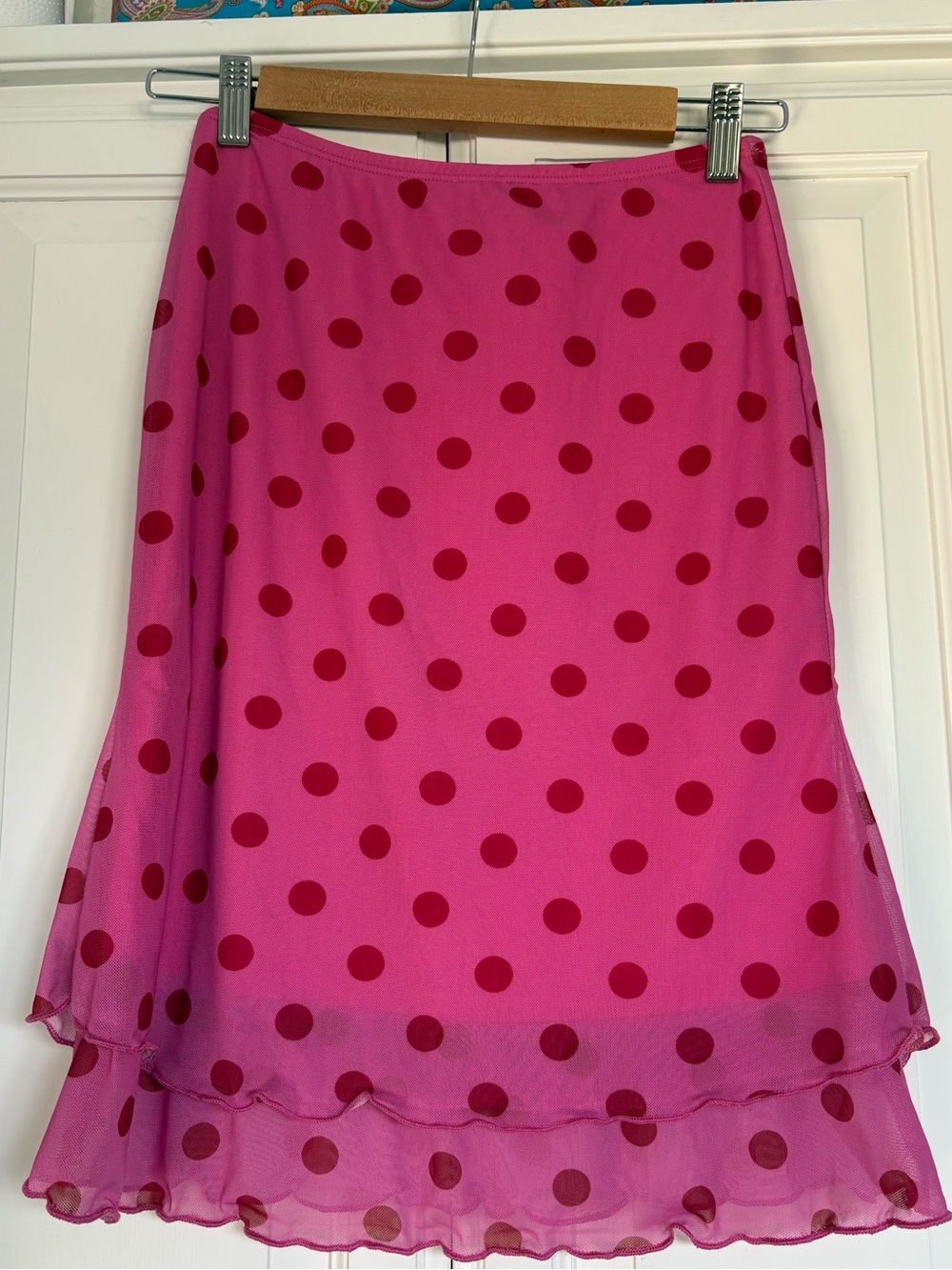 See You Monday Pink Knee-length Mini Skirt with Red Polka Dots - Size Small